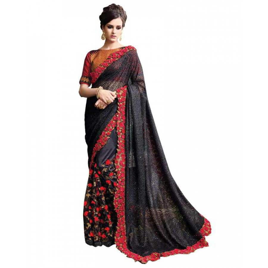 viva n diva net black embroidered designer saree