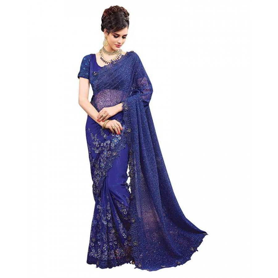 viva n diva net blue embroidered designer saree