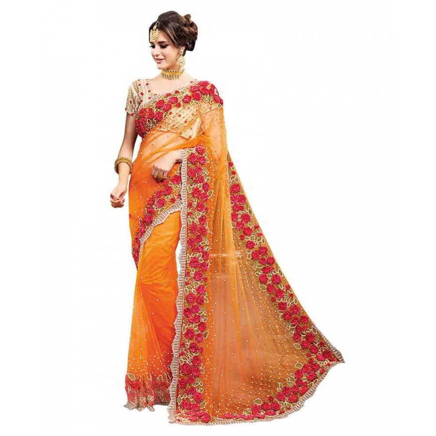 viva n diva net orange embroidered designer saree