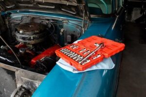 open car bonnet with tool box