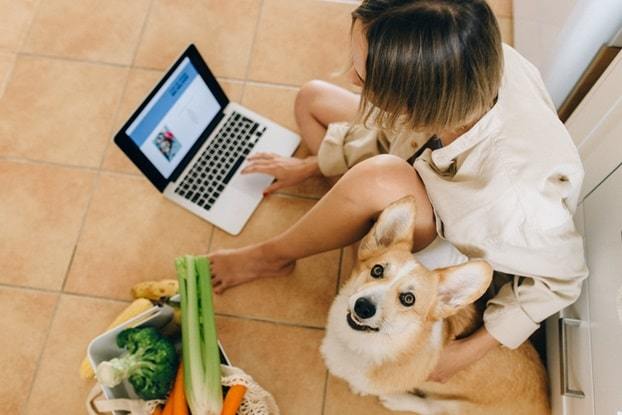 woman working on a laptop holding her dog