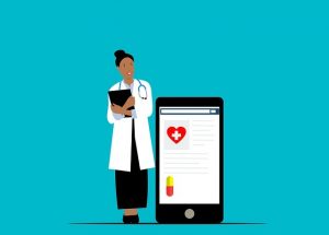Did You Know it is Possible to Get Healthcare Online? nurse with stethoscope and notebook standing beside mobile phone illustration