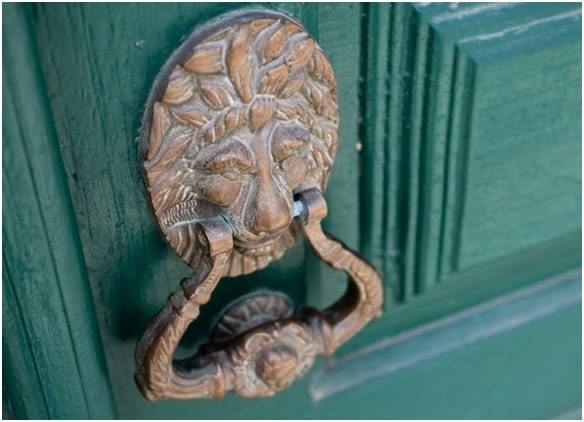 green wooden door with brass lion door knocker