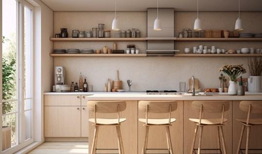 interior of modern kitchen with beige walls and wooden floor