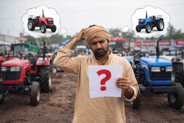 indian farmer confused between red and blue tractors