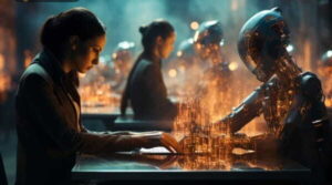 Maximizing Productivity with Voice-First AI Delegation Woman and AI robot using holographic interface