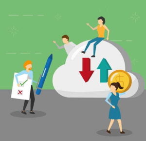 man and woman with cloud computing, flat style