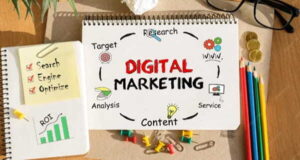 Digital Marketing Services for SEO, Social Media and Advertising notebook with tools and notes about digital marketing concept