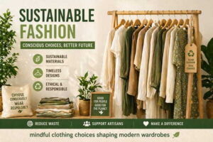 sustainable clothing on wooden rack
