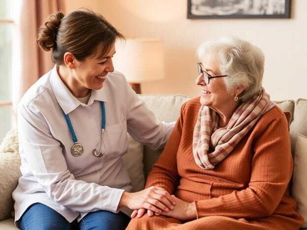 female doctor comforting senior patient during home visit