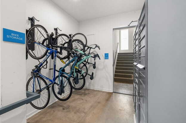 bike storage room with mounted bicycles