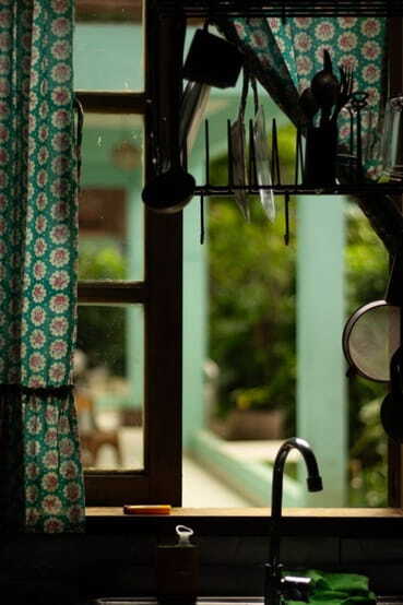 cozy kitchen view through open window