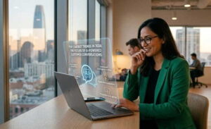 woman in a green blazer is using a laptop to view a holographic display