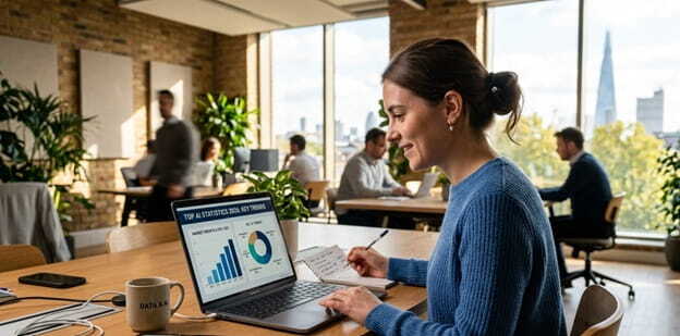 woman smiling, working on laptop in office