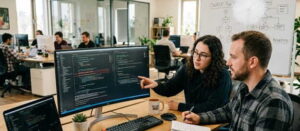 How Security Code Reviews Protect Your Business: Deliverables, Benefits, and Checklists two developers closely discussing and pointing at lines of code on an office screen.