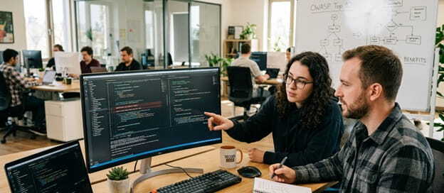 two developers closely discussing and pointing at lines of code on an office screen.
