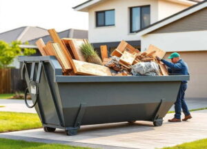 A man loading construction debris and scrap wood into a large grey roll-off dumpster on a residential driveway.