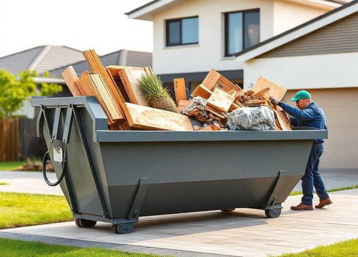 A man loading construction debris and scrap wood into a large grey roll-off dumpster on a residential driveway.