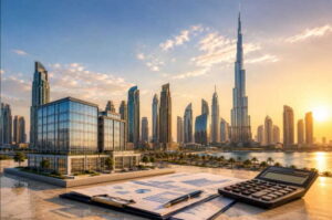 architectural model, calculator, and financial charts on a desk with the Dubai skyline at sunset
