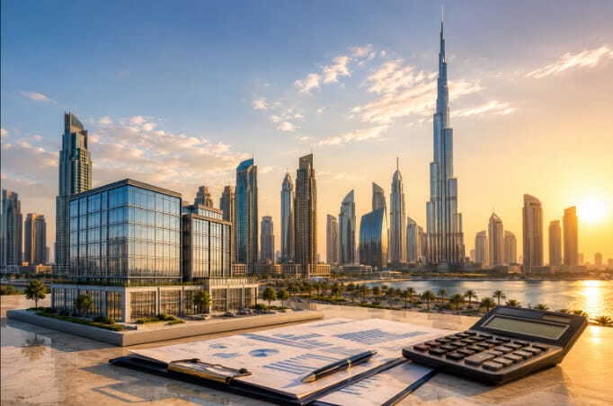 architectural model, calculator, and financial charts on a desk with the Dubai skyline at sunset