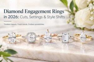 five different diamond engagement rings lined up on a marble surface