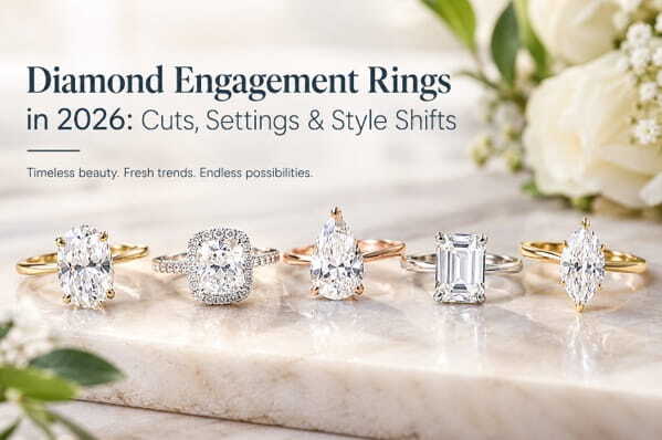 five different diamond engagement rings lined up on a marble surface