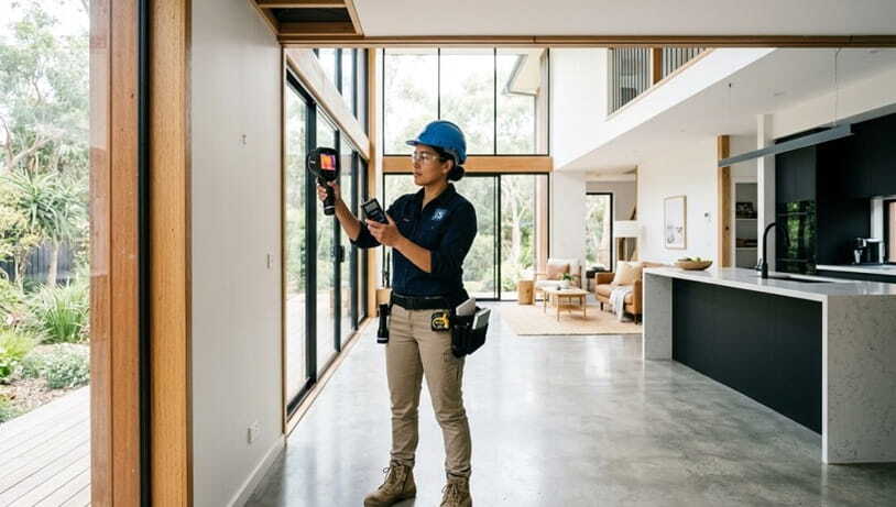 woman inspecting a modern home